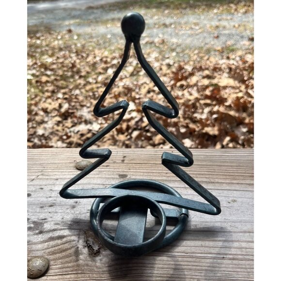 Christmas Tree Tea Light Holder Rustic Wrought Iron Green Blue Candle Stand - Picture 4 of 11